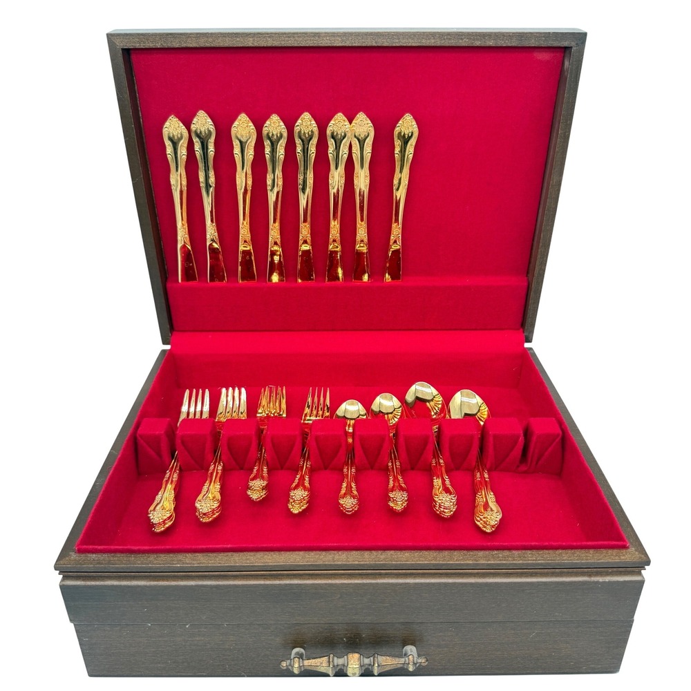 Vintage 1847 Rogers Bros Laurel Gold Plated Flatware Set 40pc Int. Silver